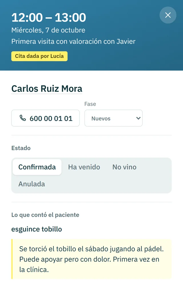 Ficha de una cita en el móvil: cita dada por Lucía y lo que contó el paciente, que se torció el tobillo jugando al pádel.
